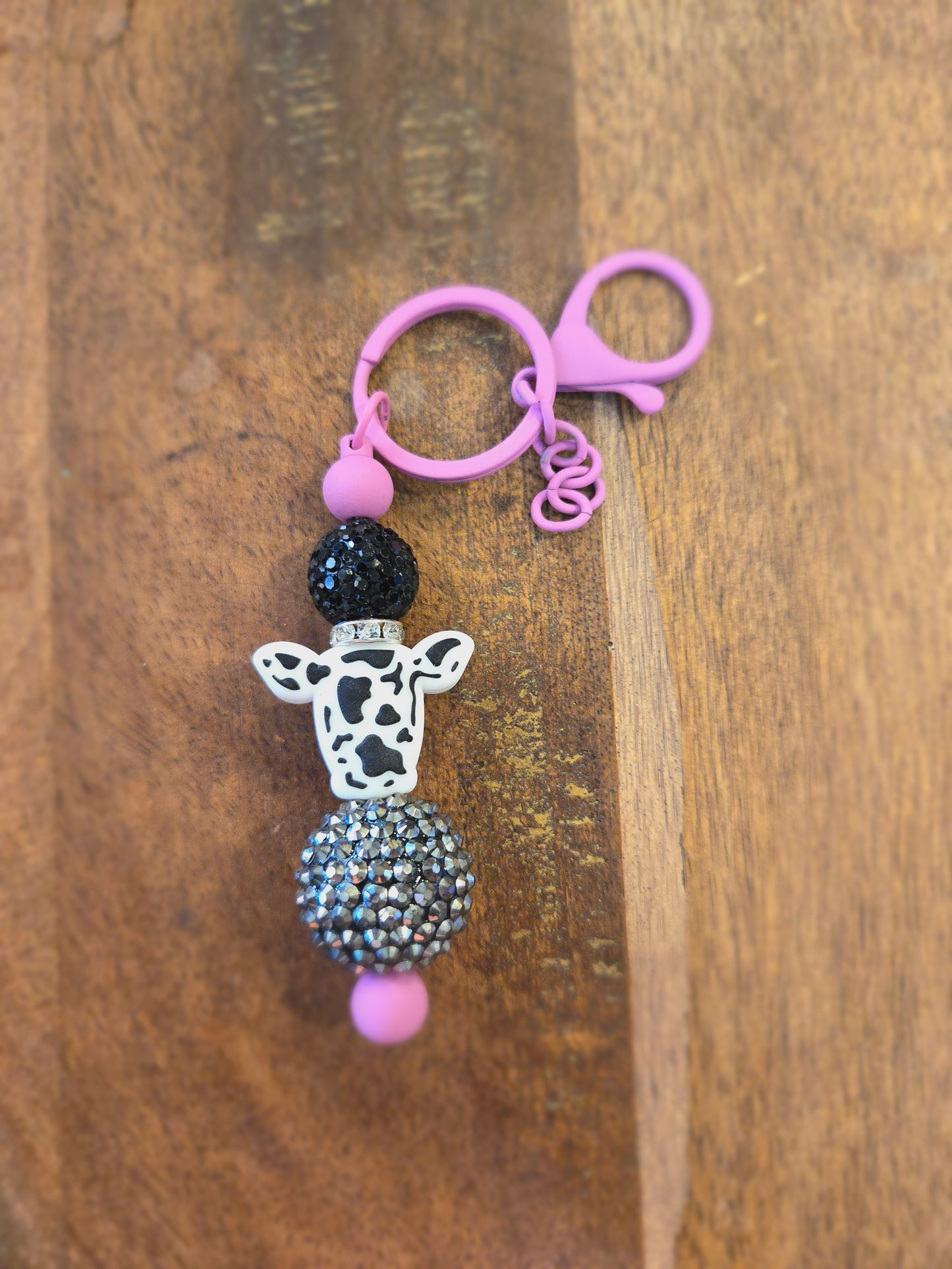 PINK AND BLACK COW KEY CHAIN